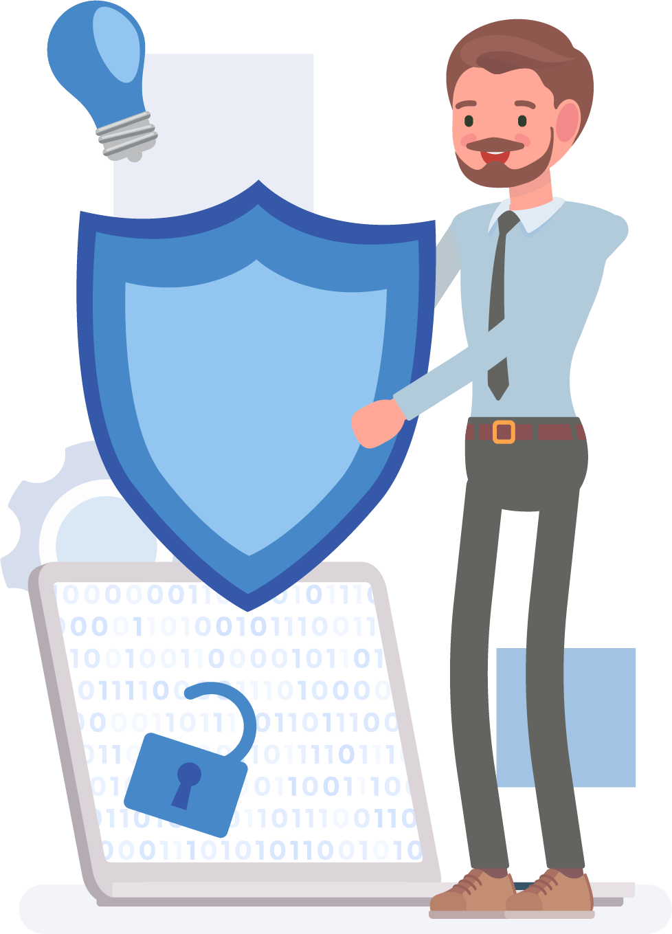 Pai António a segurar um escudo com icones de fundo alusivos à proteção de dados, passwords e segurança na internet